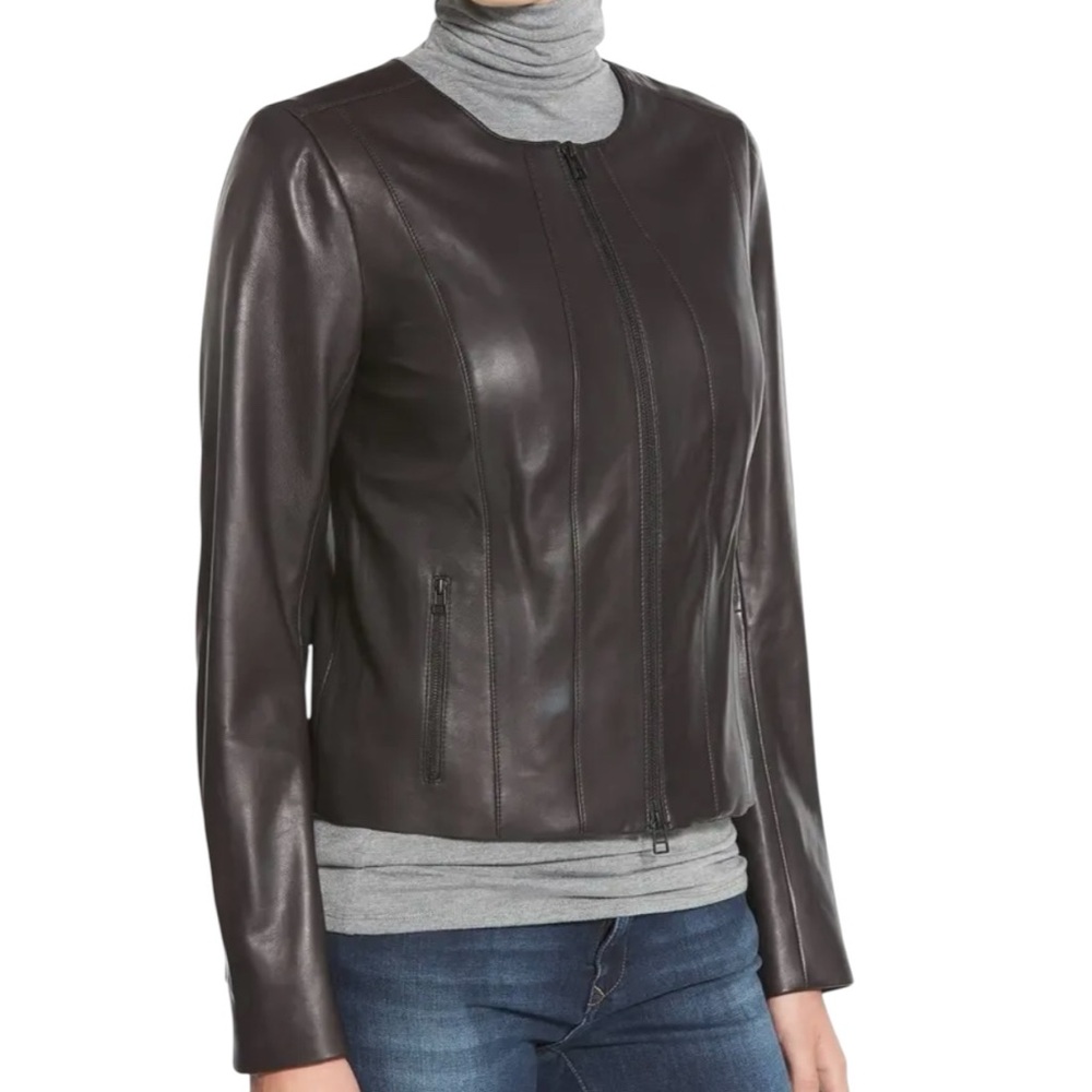 Halogen Chocolate Brown Collarless Leather Zip Jacket